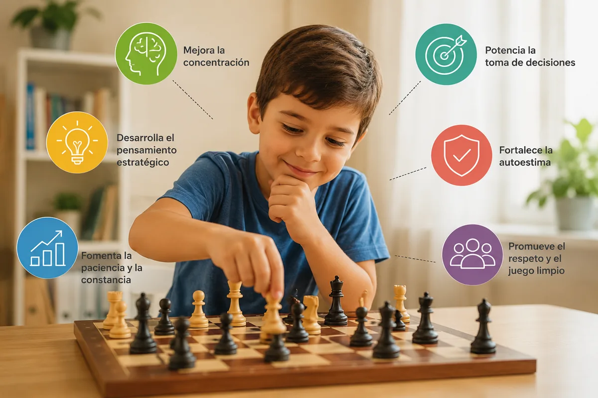 Niño jugando ajedrez con beneficios educativos como concentración, pensamiento estratégico y toma de decisiones