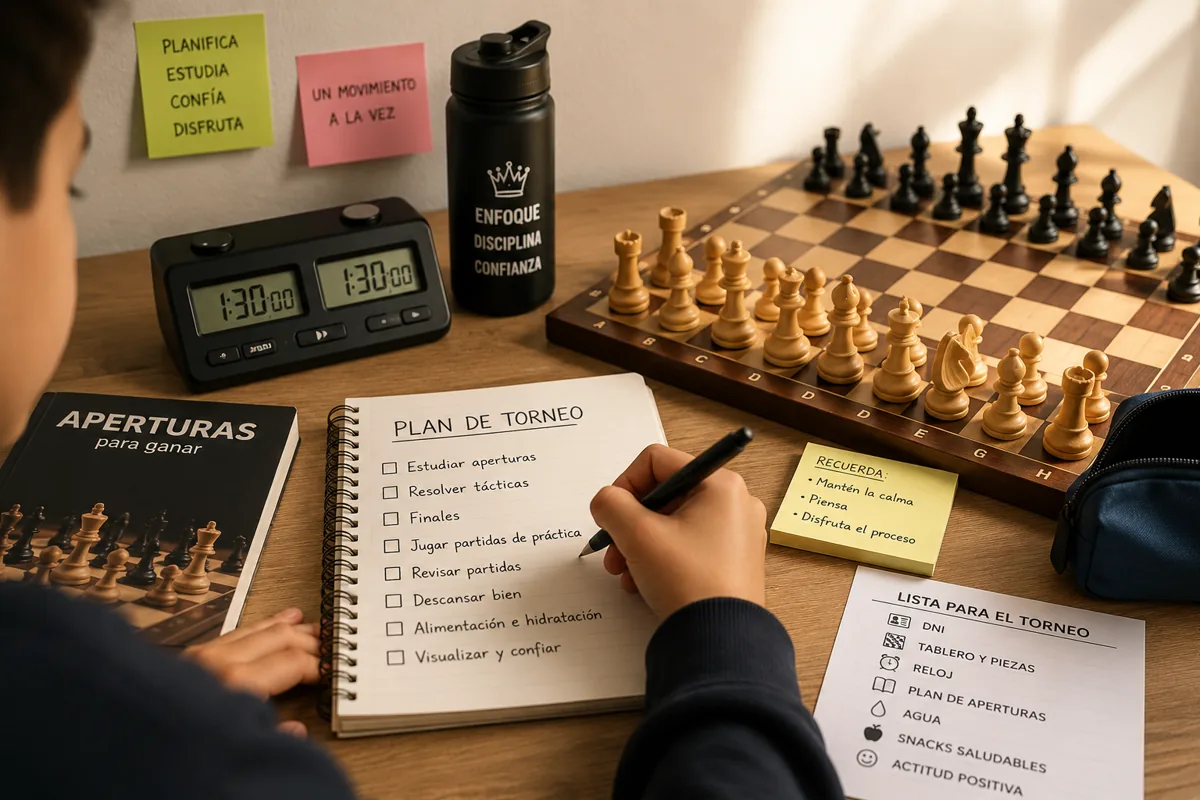 Plan de torneo de ajedrez con reloj, tablero, aperturas, táctica, descanso e hidratación