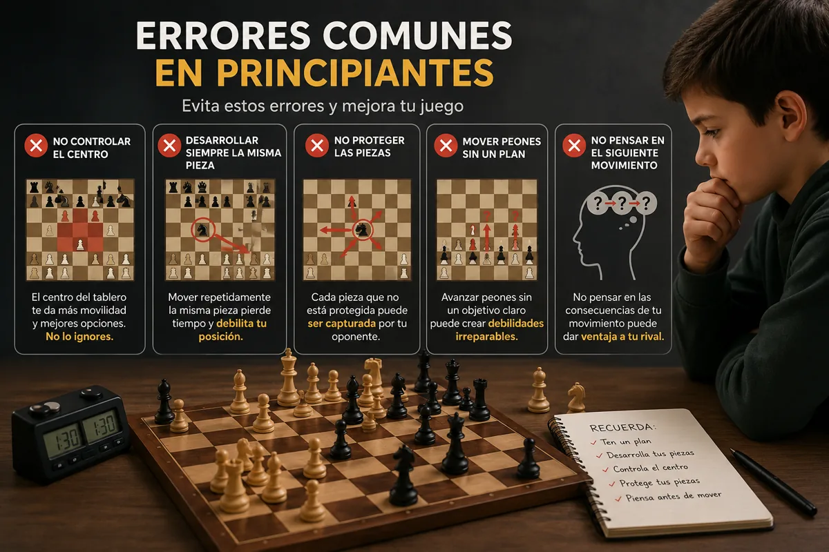 Errores comunes en principiantes de ajedrez: no controlar el centro, repetir pieza, no proteger, mover peones sin plan y no pensar el siguiente movimiento